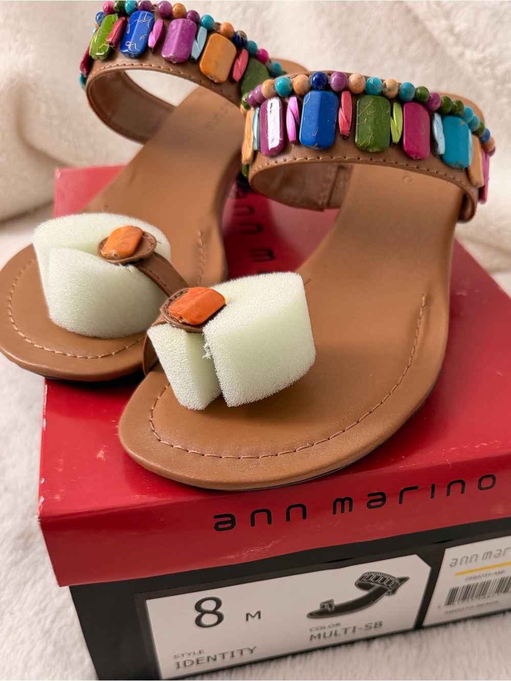 Ann Marino Tan Sandals with Multicolor Beaded Straps